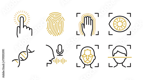 Icon set for biometric authentication, fingerprint, palm vein, iris, DNA, voice, and face, Variable line width
