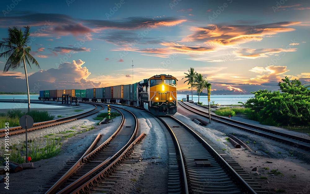 Sunset Journey by Train Along the Coastal Line