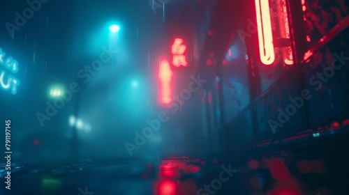 Soft beams of neon shine through the mist diffusing the oncebright signs into dim hazy shapes. A dreamlike backdrop that adds depth and emotion to any scene of loneliness or nostalgia. . photo