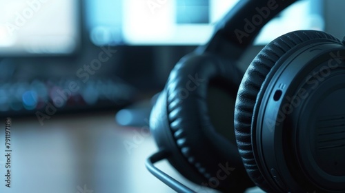 Closeup of a headset with a builtin microphone and noisecancellation feature designed to enhance audio quality and minimize distractions during online lectures. . photo
