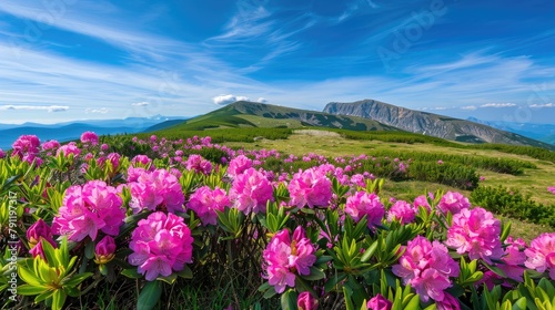 Pink rhododendron flowers in full bloom on a mountain in summer