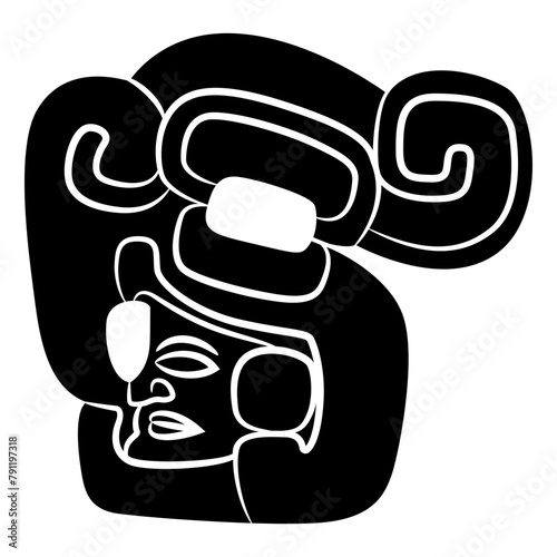 Head of Mayan warrior wearing elaborate helmet. Ethnic Indigenous Native American design. Black and white silhouette.