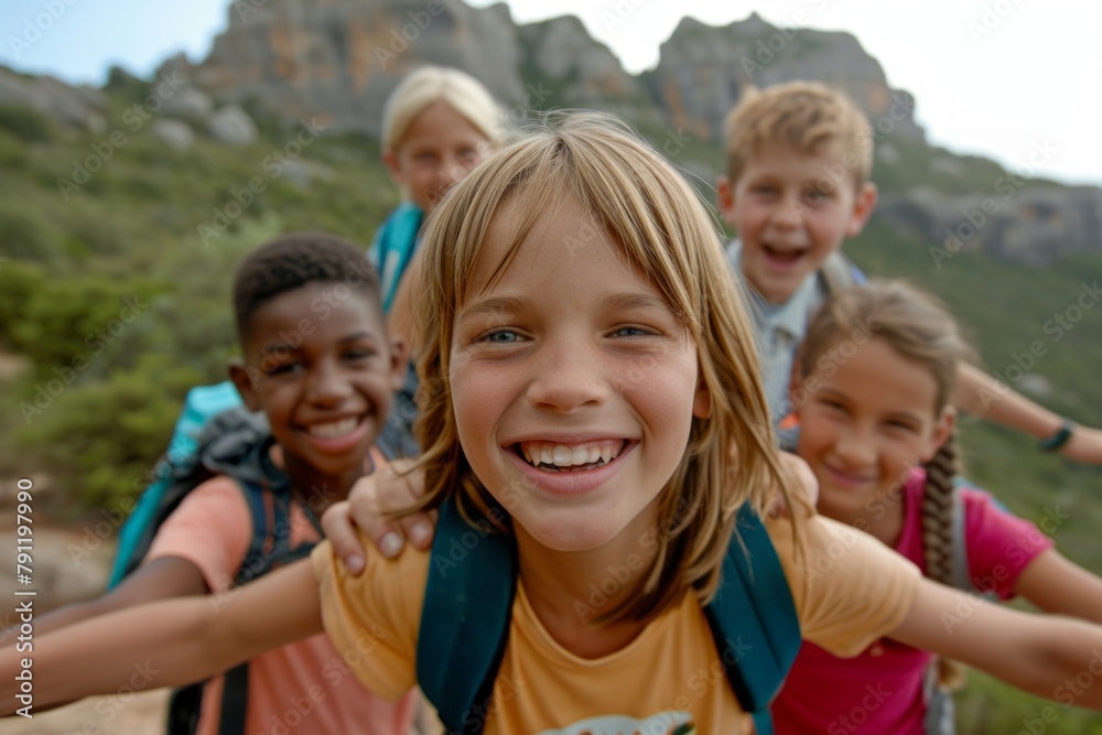 Group of children with backpacks on top of a mountain smiling at camera Group of children with backpacks on top of a mountain smiling at camera
