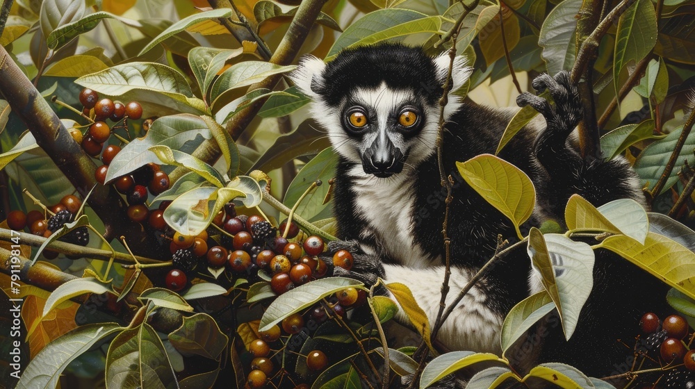 Obraz premium A black and white lemur perched among the foliage ready to snack on berries