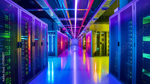 A long hallway with many computer servers