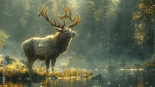 A deer stands in a forest by a body of water