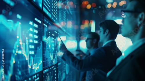 In this defocused background image we see a group of business professionals huddled around a large digital screen discussing market data and yzing charts. The blurred edges of the .