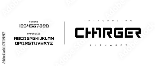 Charger creative simple modern urban alphabet font. Digital abstract futuristic, logo, music, sport, minimal technology typography. Simple numeric vector illustration