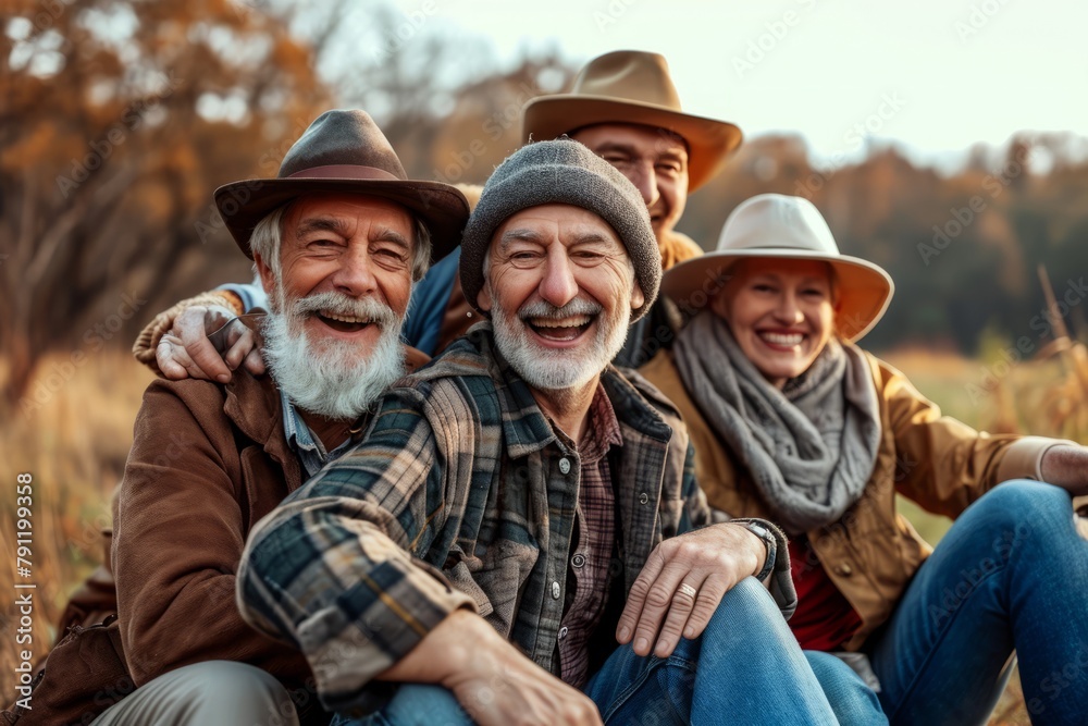 Group of seniors sitting on the grass in the autumn park. They are smiling. Group of seniors sitting on the grass in the autumn park. They are smiling.