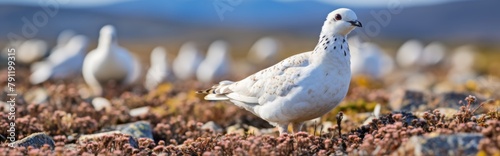 A white bird with black eyes and a black beak stands on a rocky beach. photo