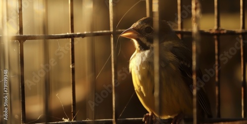 A small brown and yellow bird chirps in its cage.