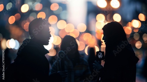Defocused silhouettes of a journalist and a group of interviewees engaged in lively conversation set against a scenic background of urban cityscape. .