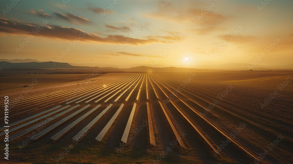 Renewable Energy Horizon: Solar Farm at Sunset and Future Technologies
