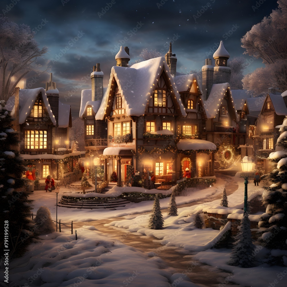 Christmas and New Year background with Christmas trees, houses and snowflakes