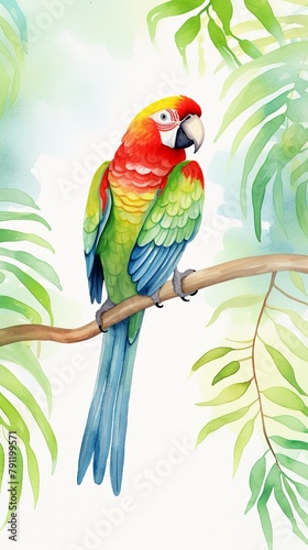A watercolor painting of a parrot sitting on a branch with green leaves in the background.