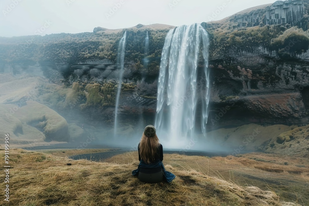 A girl sitting in front of a big foggy waterfall in iceland , Prime Lenses