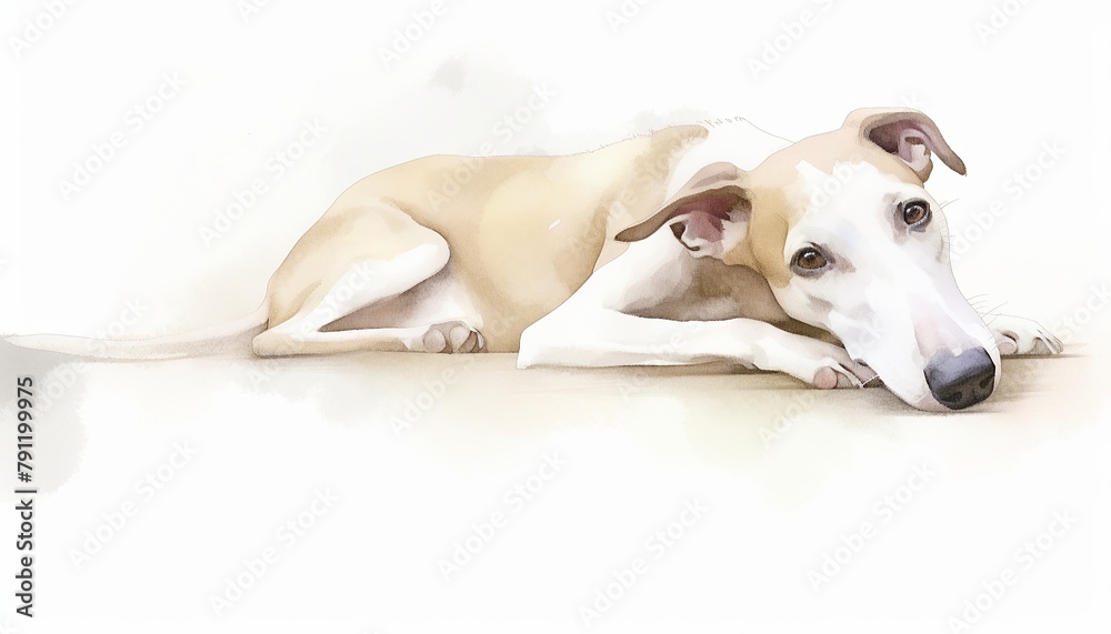 A watercolor painting of a whippet dog, looking sad. A watercolor painting of a whippet dog, looking sad.