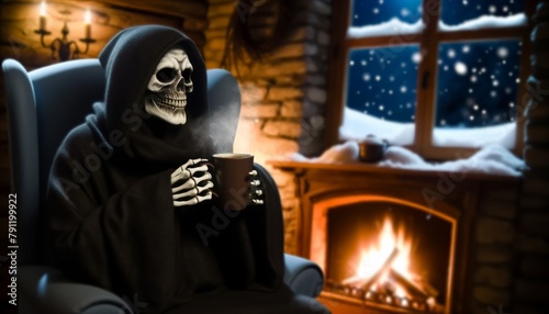 A skeleton wearing a black robe is sitting in a chair in front of a fireplace. The skeleton is holding a cup of tea and looking out the window. The window is covered in snow.