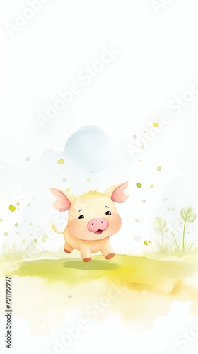 A watercolor painting of  A cute cartoon pig running in a field of grass © tohceenilas