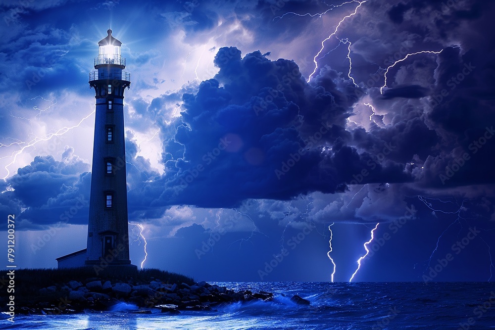 a lighthouse backed by a storm with lightning