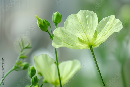 A light green flaxseed flower on the right side of the picture, closeup, often beautiful
