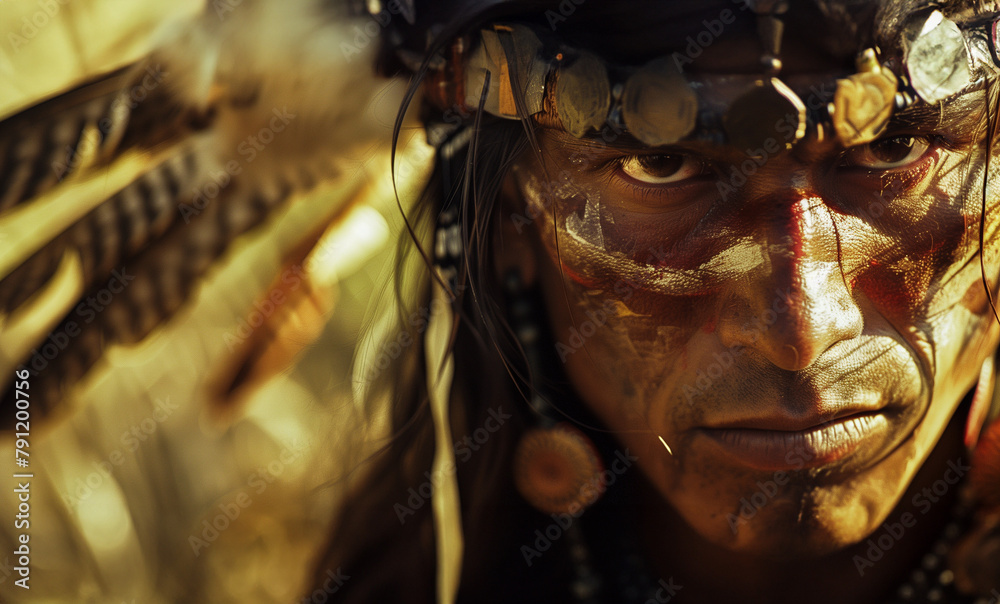 Defiant gaze of a Native American warrior, with war paint on the face and bird feathers on the head. Wallpaper symbol of a Sioux, Navajo, Apache, Cherokee, Cheyenne, or Comanche.