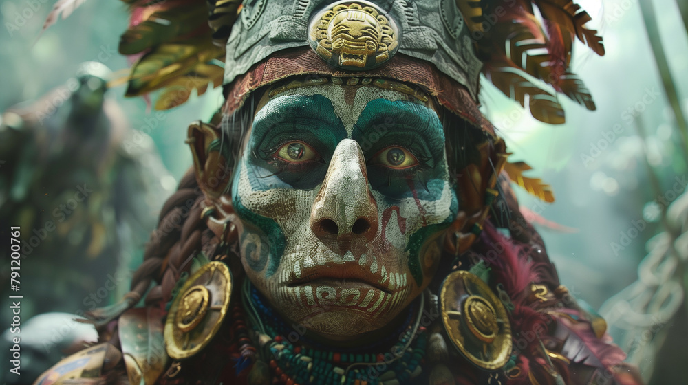 Maya or Aztec shaman with their face painted with war paint resembling a skull, adorned with native indigenous ornaments, prepared for a magical ritual, prophecy, or sacrifice. Cinematic priest in the