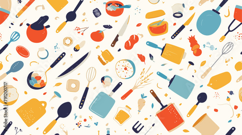 Colorful seamless pattern with cooking tools on whi