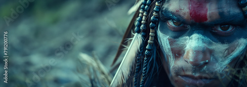 Native American Indian with a defiant gaze, white, red, and black war paint on the face, decorations, and feathers on the head. Sioux face with the plains in the background, for a banner. photo