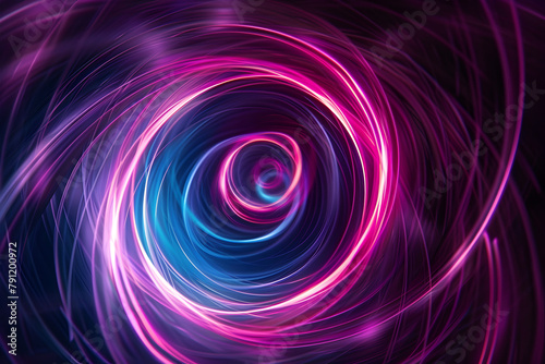 Hypnotic neon vortex with pink and purple swirling lights. Unique neon artwork on black background.