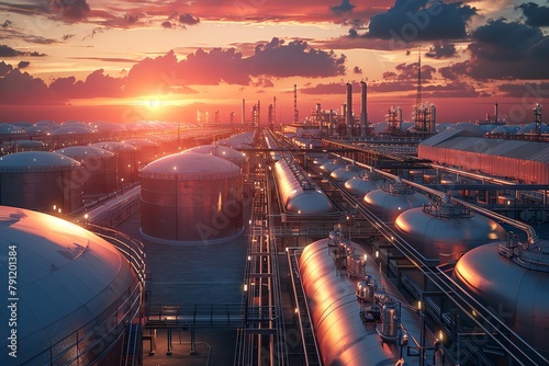 Gas inventory at industrial plant, storage tanks and pipelines, sunset background, detailed labels,  photo