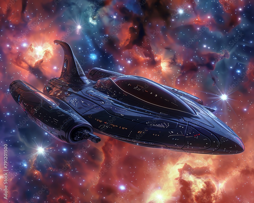 Mechanical boloid sci-fi spacecraft, sleek design, stars and nebula backdrop, high detail,