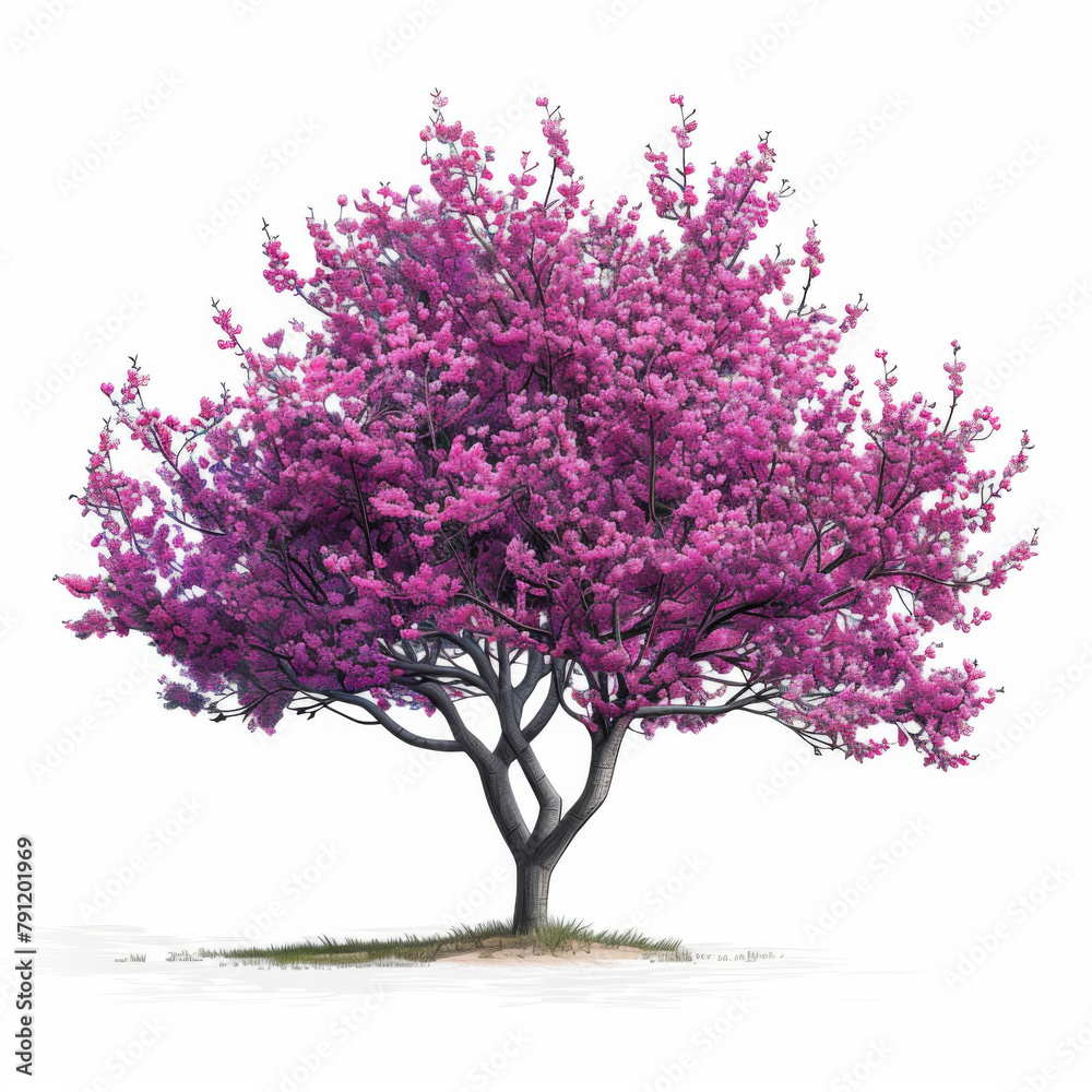 Fototapeta premium An illustration of a vibrant pink blossoming tree with detailed branches, isolated on a white background.