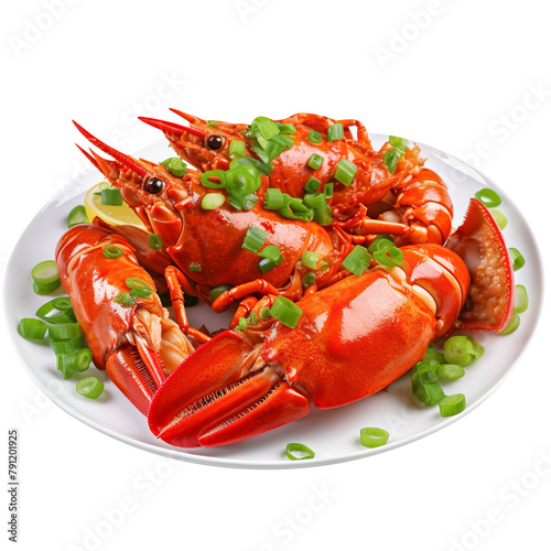 Amazing Lobster with Ginger and Green Onions Isolated On White Background