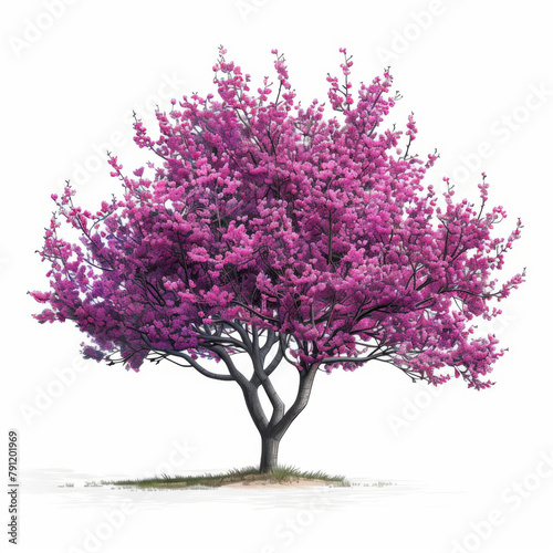 An illustration of a vibrant pink blossoming tree with detailed branches  isolated on a white background.