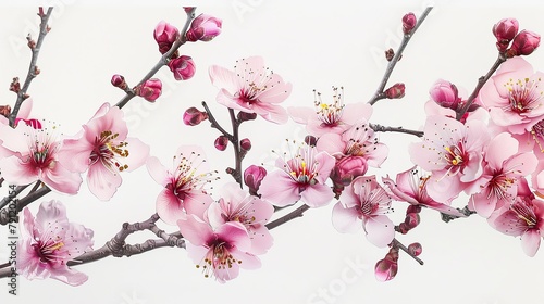 White background, branches full of pink peach blossoms, Close-Up(CU), hyperrealism photo