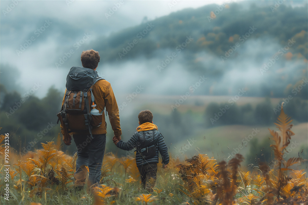 Fototapeta premium Father's Day theme with father and his child traveling and hiking or doing outdoor activity together in the nature 