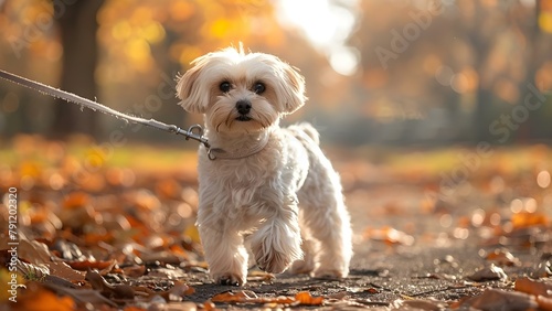 Maltese dog on leash circles around in the park. Concept Dog walking, Pet care, Park activities, Leash training, Maltese breed