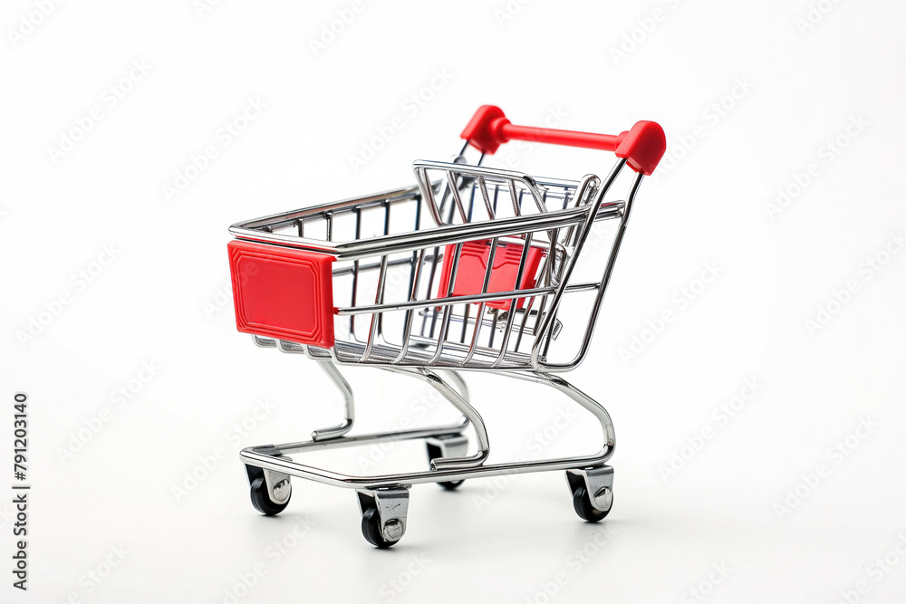 Red shopping cart miniature and supermarket trolley isolated white background