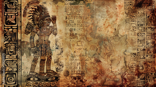 Old Maya scroll, with symbols and pictograms from Aztec mythology, featuring the drawing of an ancestral god or shaman for a prophecy. Weathered paper background with mysterious inscriptions photo