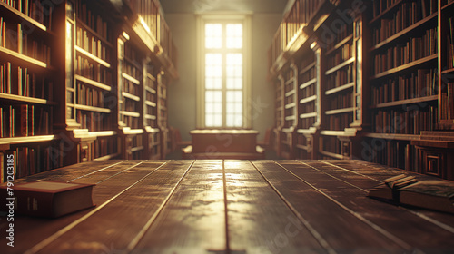 Creative Atmosphere: Empty Table Surrounded by Library Shelf Filled with Books, Enhanced by Beautiful Light Flare