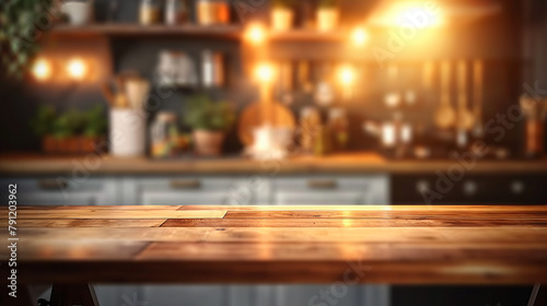 Empty Table with Kitchen Bokeh Background for Effective Brand Representation © Kafka