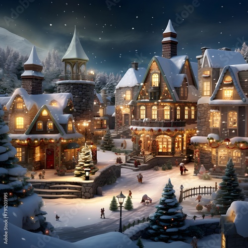 Winter landscape. Christmas and New Year theme. Christmas trees and houses in the snow.