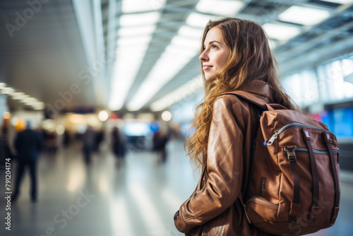 Business woman holding luggage waiting for airport arrival