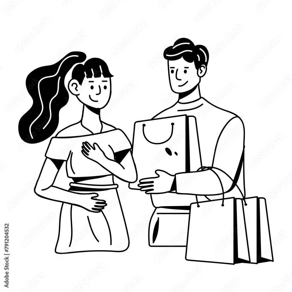 A glyph style icon of couple shopping 