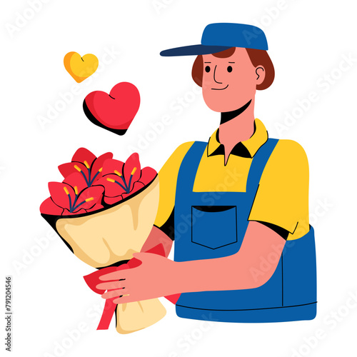 Beautifully designed flat icon depicting boy holding propose flowers 