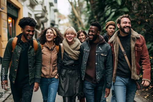 Group of young multiethnic friends walking on the street and smiling