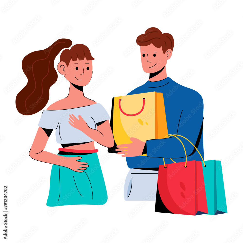 A flat style icon of couple shopping A flat style icon of couple shopping