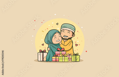 Cute Muslim women and men Mascot style logo design