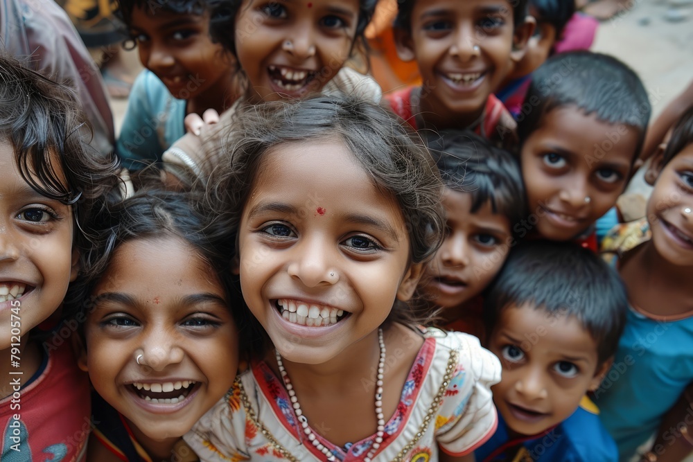 Group of happy indian kids smiling and looking at the camera.